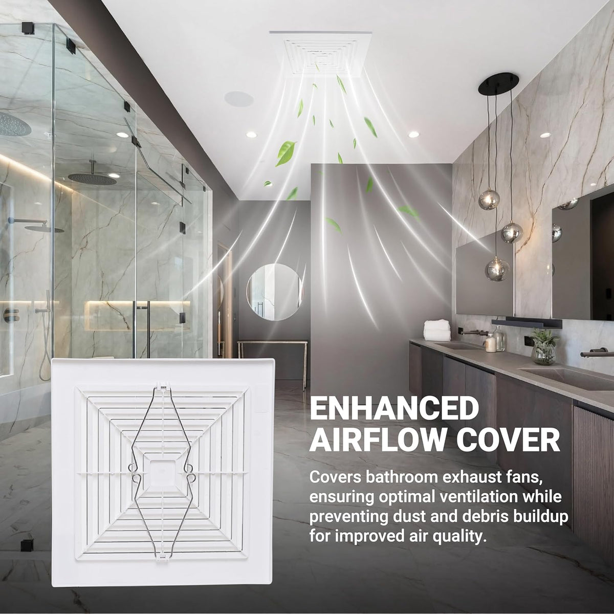 White plastic bathroom ceiling fan cover with mounting springs, shown in a modern bathroom setting.