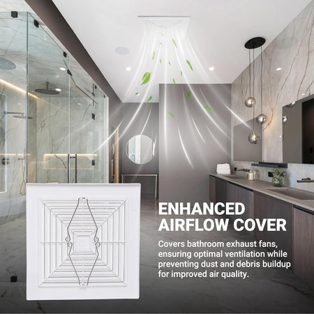 White plastic bathroom ceiling fan cover with mounting springs, shown in a modern bathroom setting.