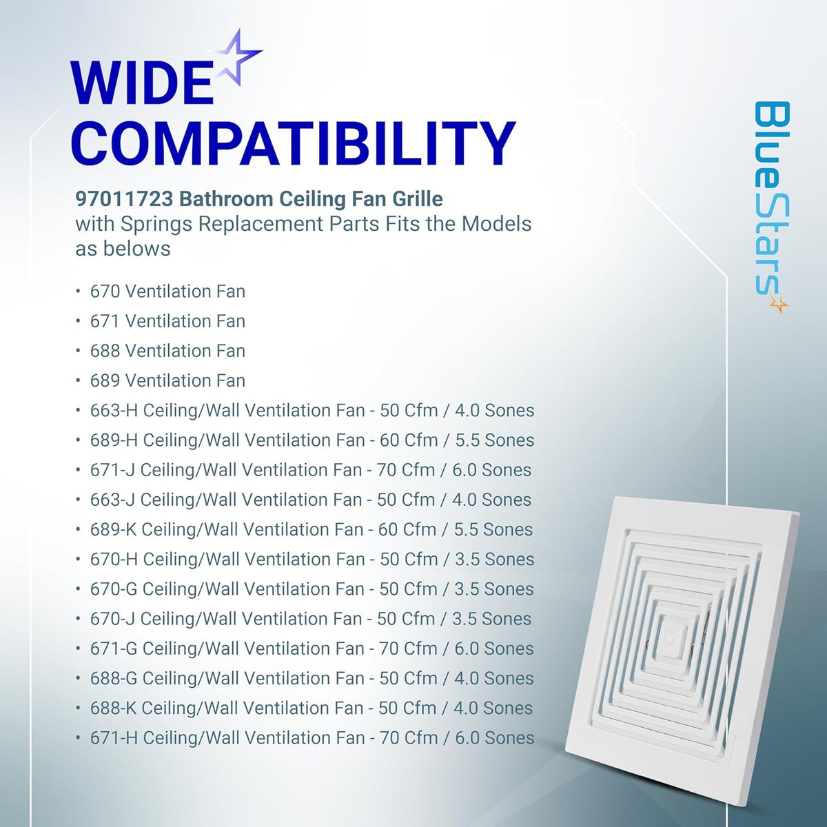 S97011723 bathroom ceiling fan grille replacement cover with compatibility list for ventilation fan models.