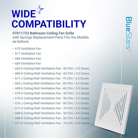 S97011723 bathroom ceiling fan grille replacement cover with compatibility list for ventilation fan models.
