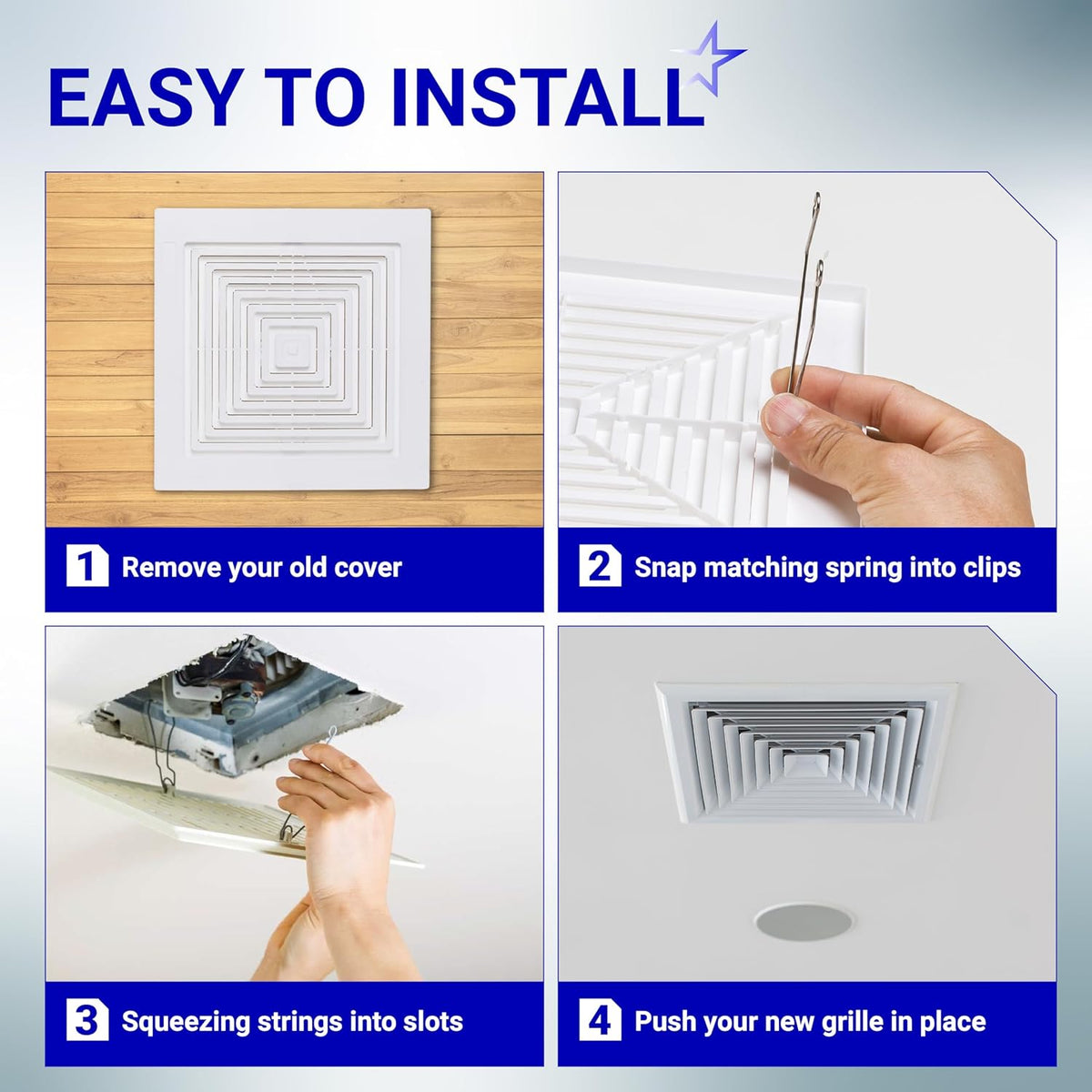 Four-step installation guide for S97011723 bathroom ceiling fan cover and grille with springs.