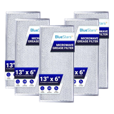 Pack of five W10208631A aluminum mesh microwave grease filters for Whirlpool and Maytag microwaves.