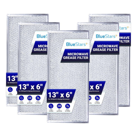 Pack of five W10208631A aluminum mesh microwave grease filters for Whirlpool and Maytag microwaves.