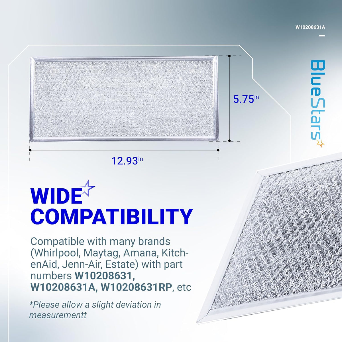 W10208631A microwave grease filter showing dimensions and compatibility information for Whirlpool and other brands.