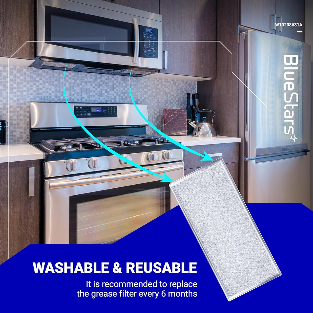 W10208631A aluminum mesh microwave grease filter replacement shown installed under a microwave in a kitchen setting.