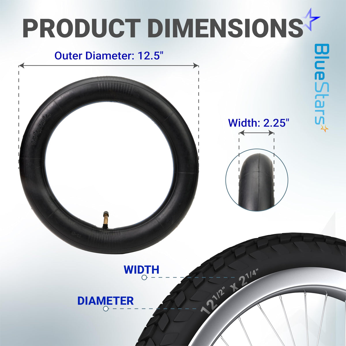 Dimension diagram showing 12.5-inch outer diameter and 2.25-inch width for electric scooter and bicycle inner tubes.