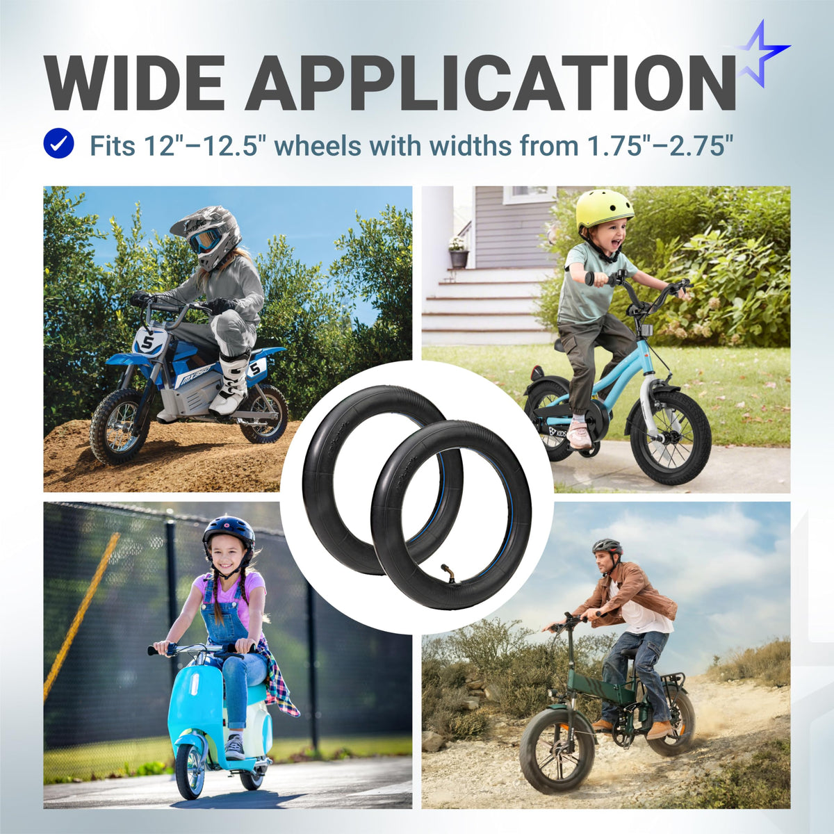 Collage showing 12-inch inner tubes used on electric scooters, kids' bikes, and e-bikes for wide application.