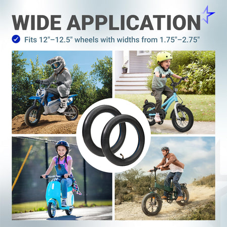 Collage showing 12-inch inner tubes used on electric scooters, kids' bikes, and e-bikes for wide application.
