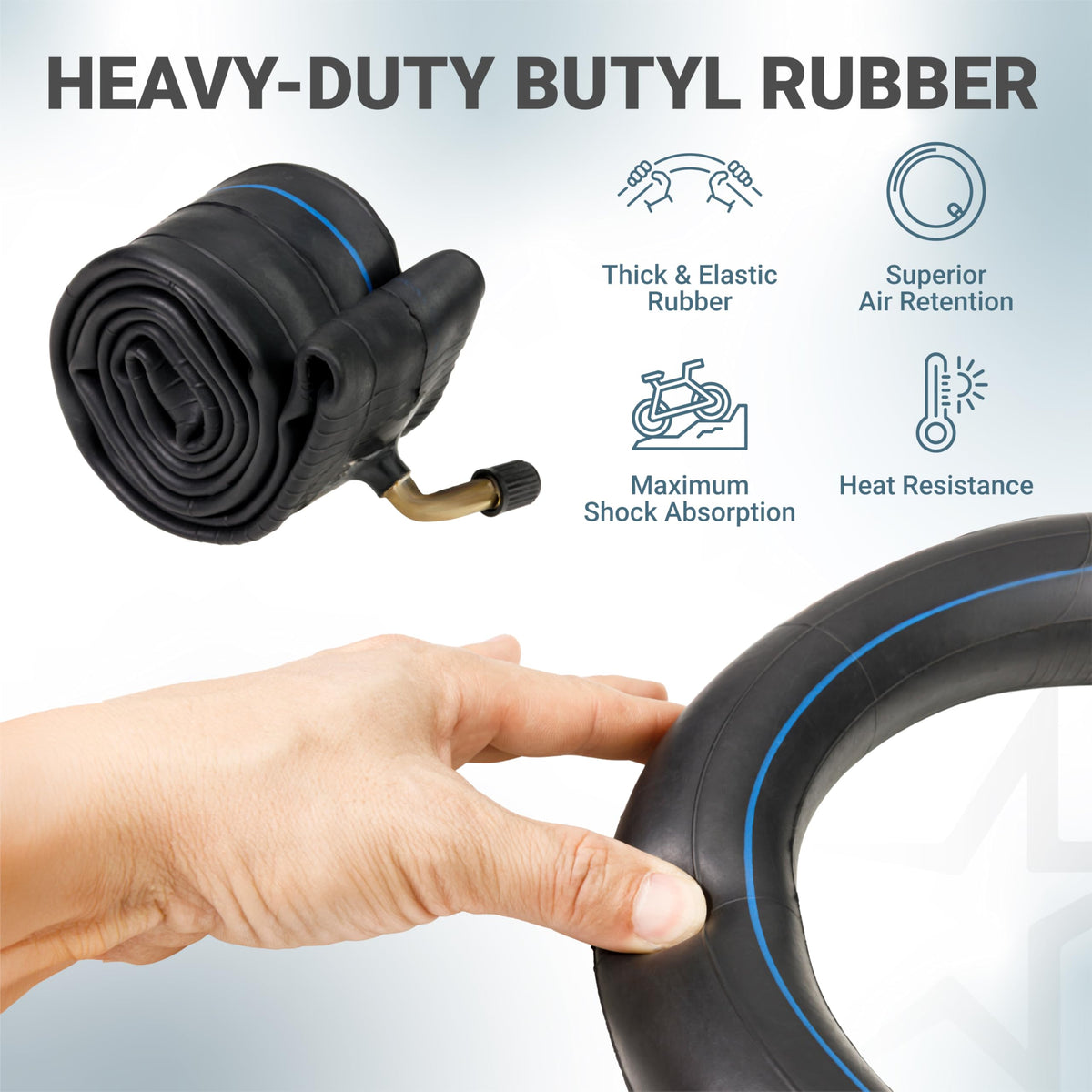 Heavy-duty butyl rubber inner tube with bent valve and infographic showing durability features.