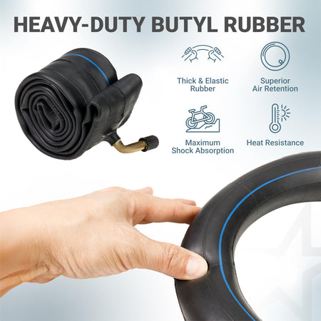 Heavy-duty butyl rubber inner tube with bent valve and infographic showing durability features.