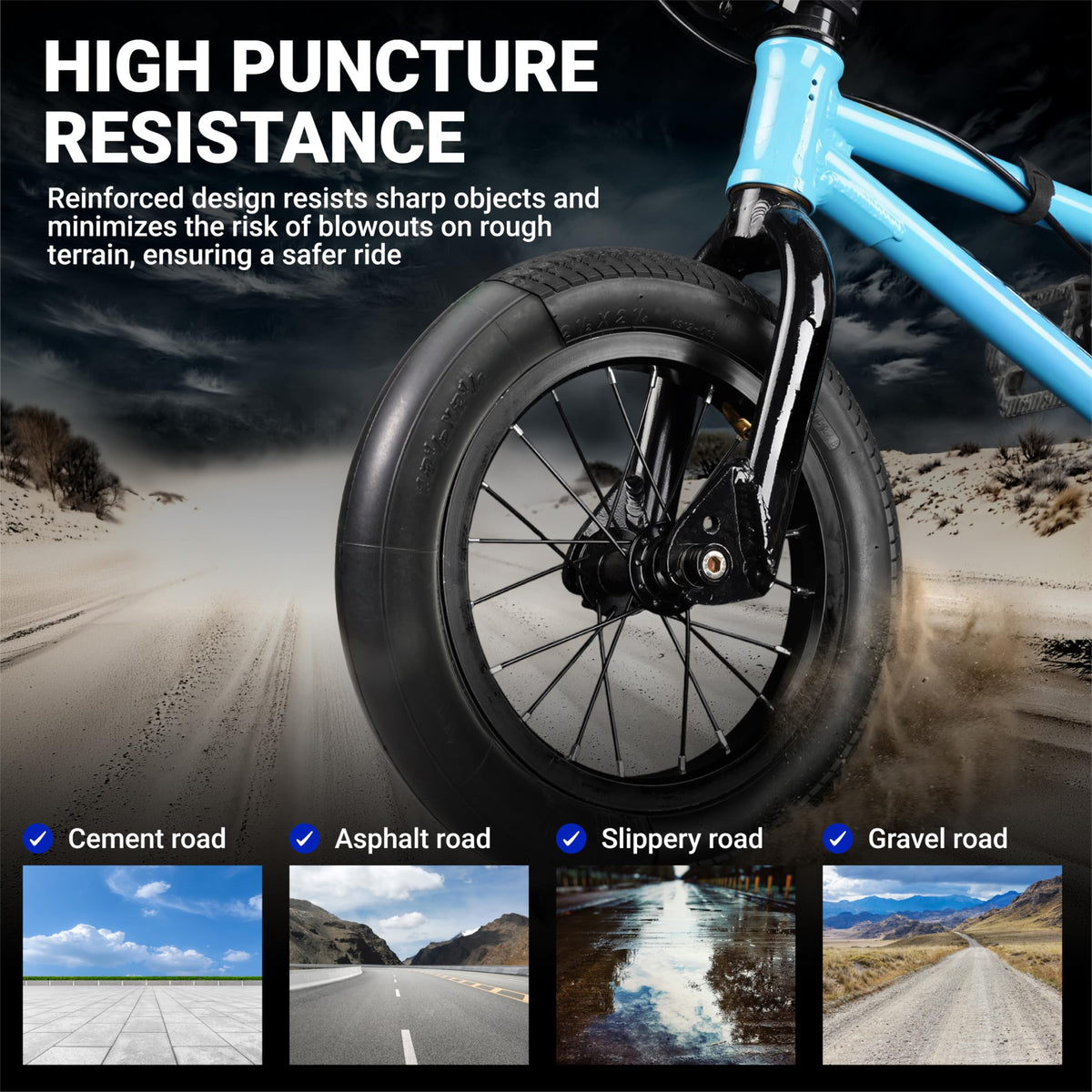 Heavy-duty 12-inch inner tube installed on an electric scooter wheel for puncture resistance on various terrains.