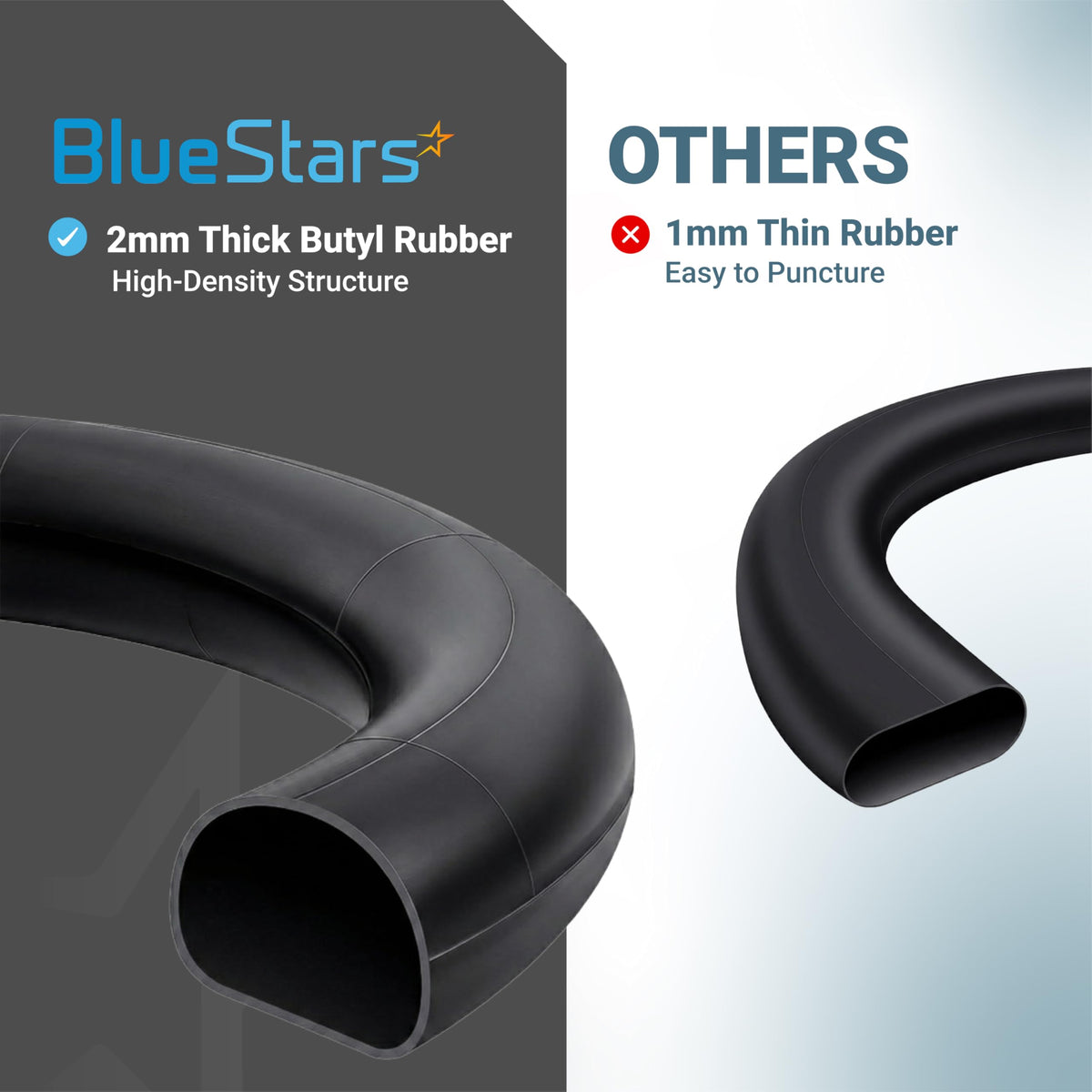 Comparison graphic showing 2mm thick heavy-duty butyl rubber inner tube versus standard 1mm thin rubber tube.
