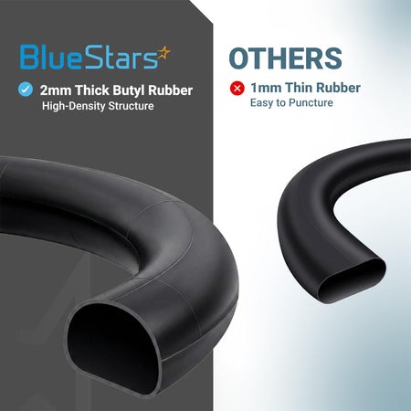Comparison graphic showing 2mm thick heavy-duty butyl rubber inner tube versus standard 1mm thin rubber tube.