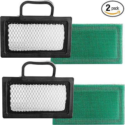 Two air filters and two green pre-filters for John Deere and Briggs & Stratton Intek V-Twin engines.