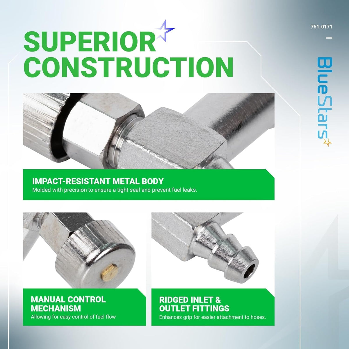 Close-up infographic showing the metal body, control knob, and ridged fittings of the 751-0171 fuel shut off valve.