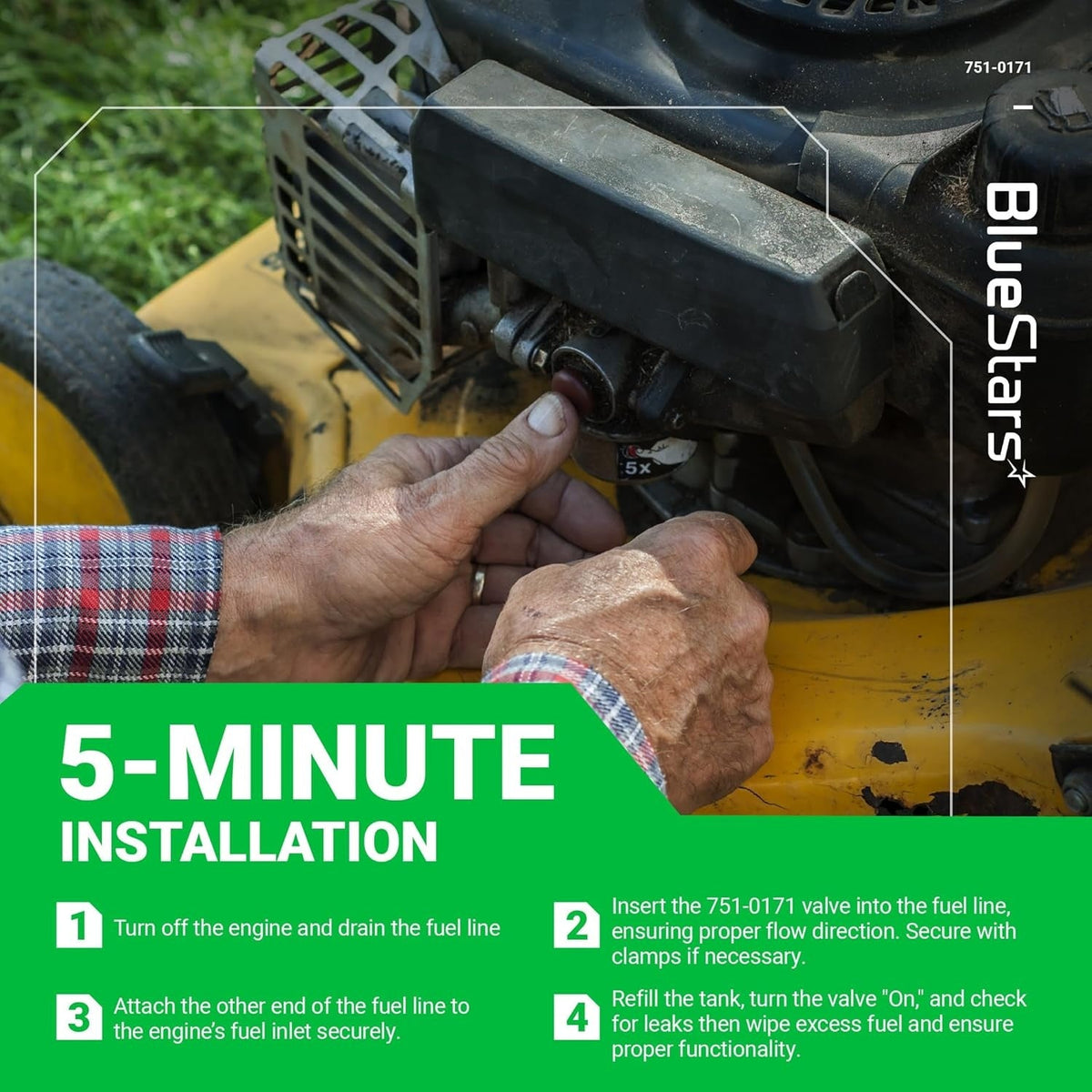 Installation guide showing 751-0171 fuel shut off valve being installed on a lawn mower engine.