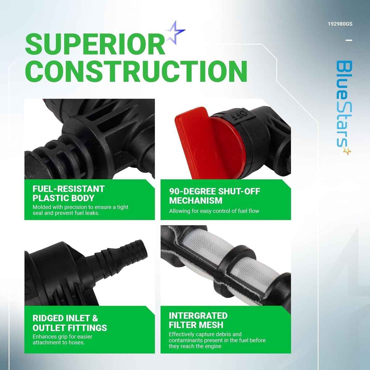 Infographic showing features of 192980GS 90-degree fuel shut-off valve with integrated filter mesh and ridged fittings.