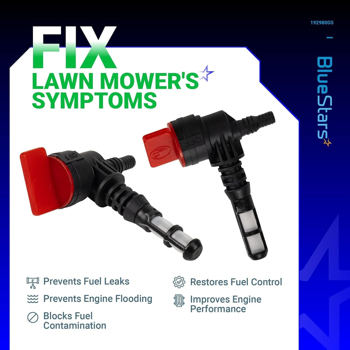 Two 192980GS 90-degree fuel shut-off valves with integrated fuel tank grommet filters for lawn mowers and generators.