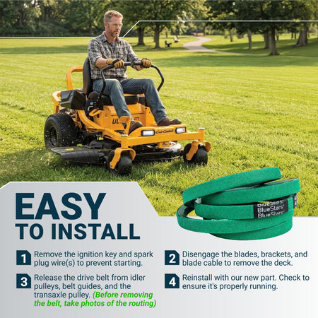 Instructional graphic showing a man operating a Cub Cadet zero-turn mower with a green replacement drive belt.