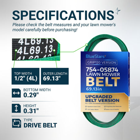 BlueStars 754-05874 lawn mower drive belt specifications chart showing dimensions, width, and length details.