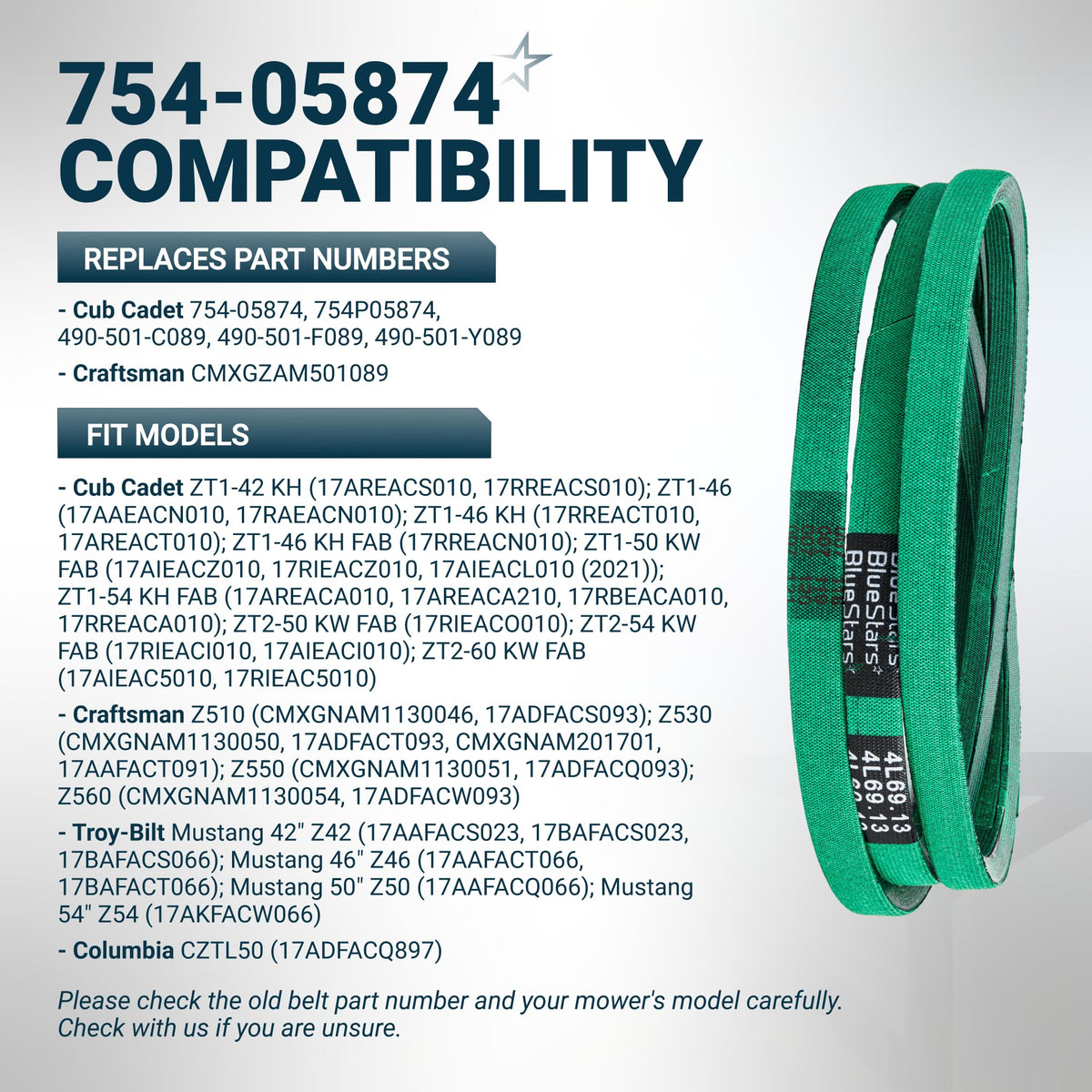 Green replacement mower deck belt 754-05874 for Cub Cadet, Craftsman, and Troy-Bilt zero-turn mowers.