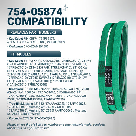 Green replacement mower deck belt 754-05874 for Cub Cadet, Craftsman, and Troy-Bilt zero-turn mowers.