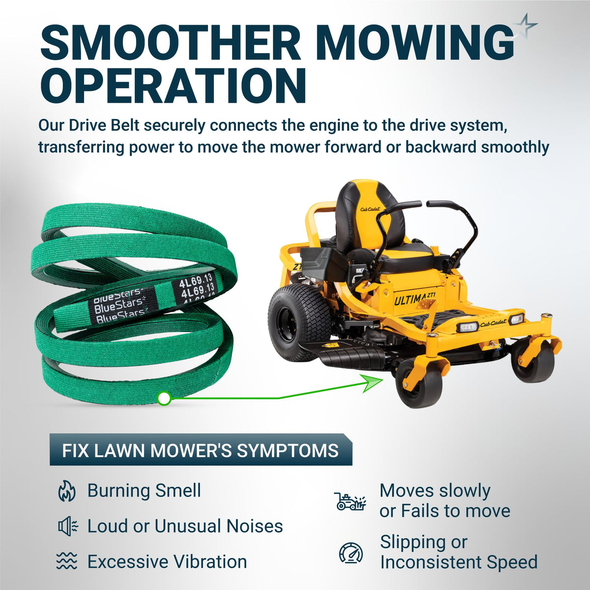 Green drive belt for Cub Cadet zero-turn lawn mower showing installation point and common repair symptoms.