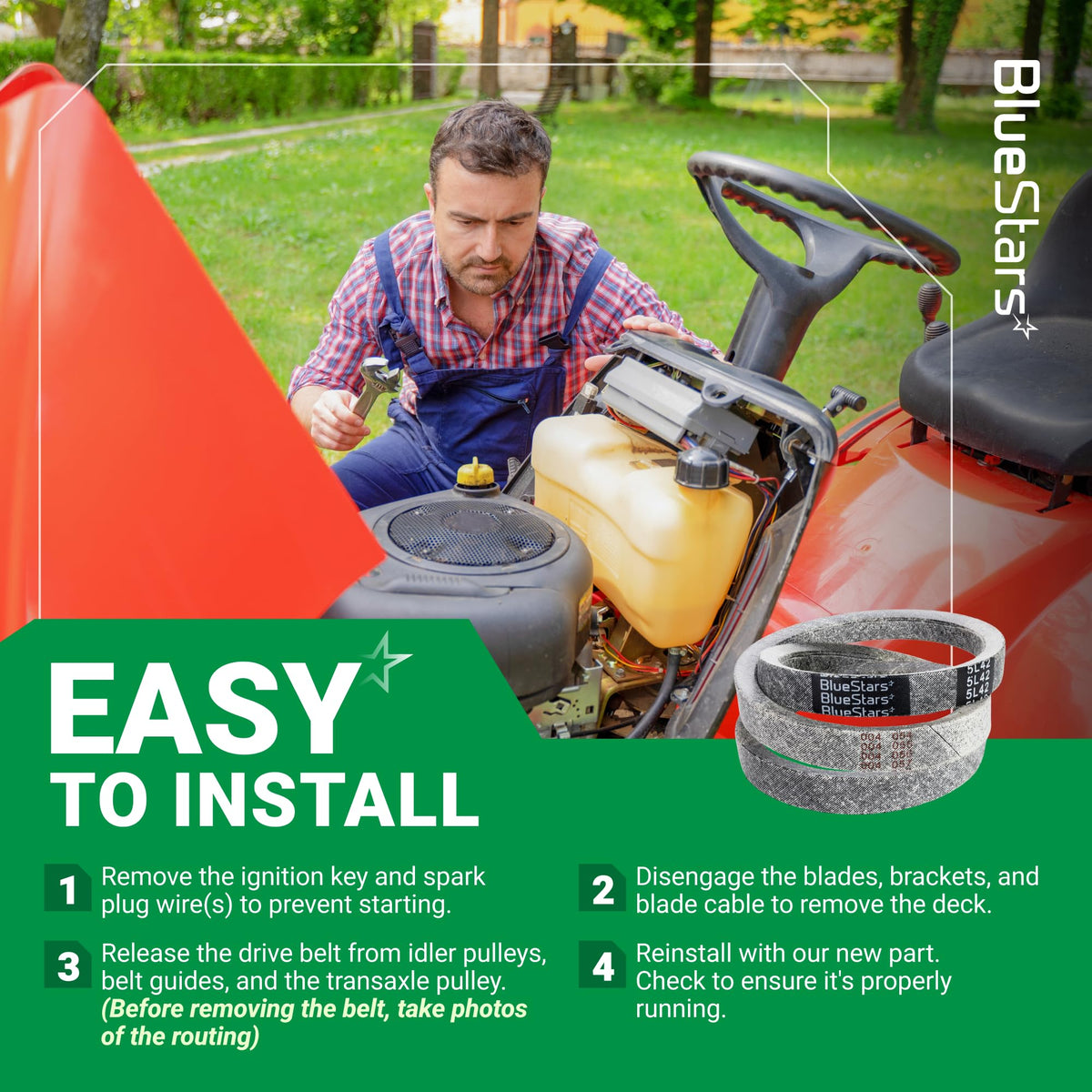 Instructional graphic showing how to install a 754-04043 mower drive belt replacement on a riding lawn mower.