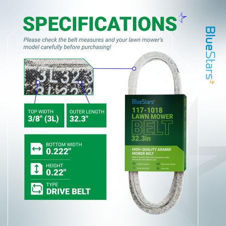 Specification chart for 32.3-inch lawn mower drive belt showing dimensions and material details.