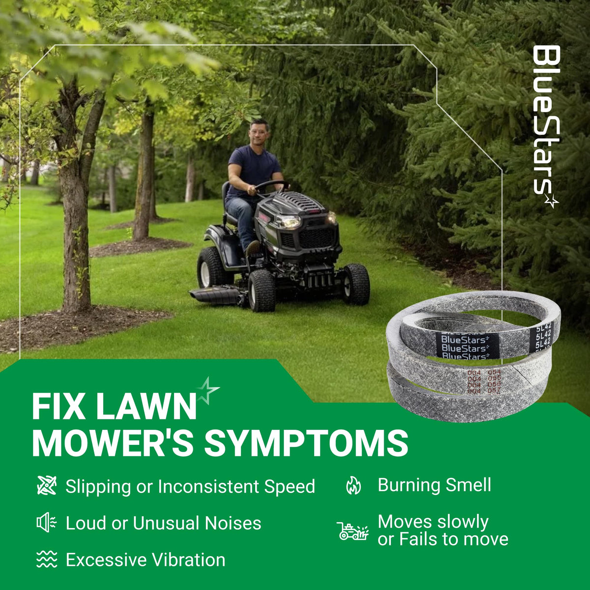 754-04043 mower drive belt replacement for MTD, Troy Bilt, and Cub Cadet lawn mowers showing common repair symptoms.