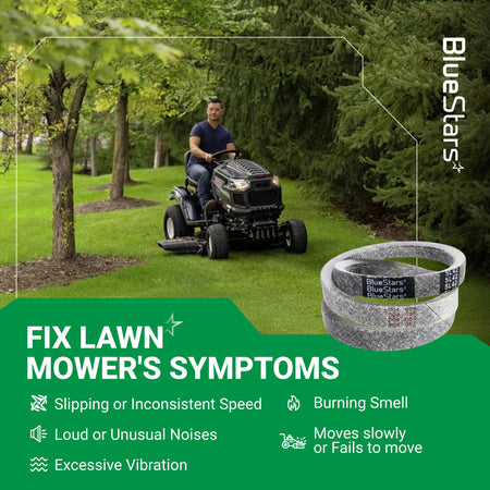 754-04043 mower drive belt replacement for MTD, Troy Bilt, and Cub Cadet lawn mowers showing common repair symptoms.