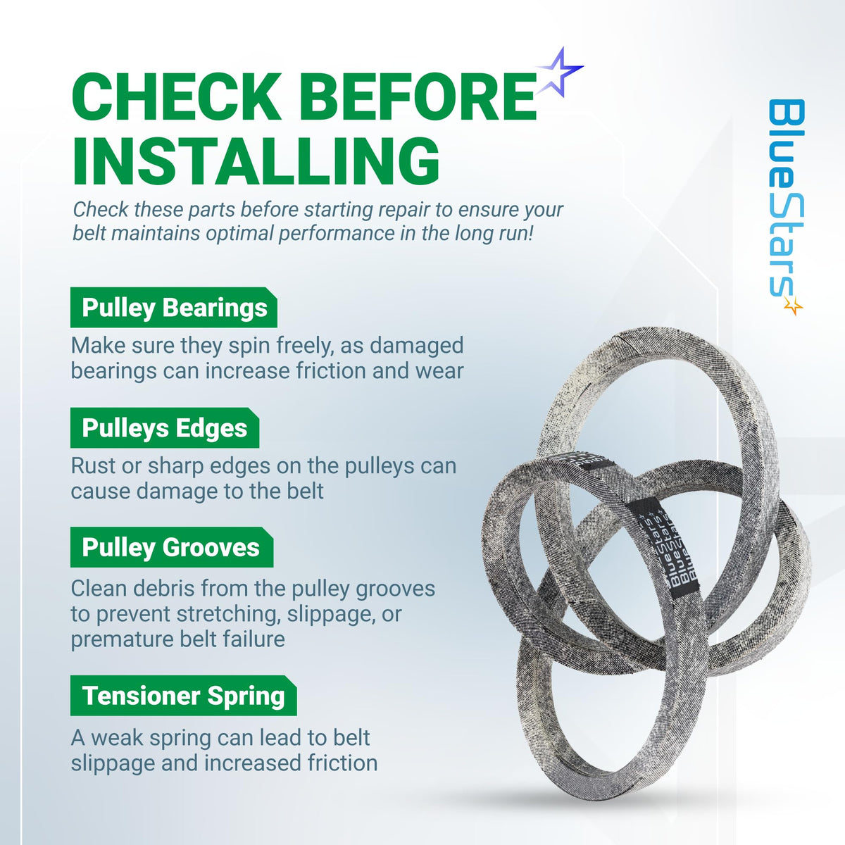 Informational graphic for 754-04043 mower drive belt installation tips and pulley maintenance checklist.