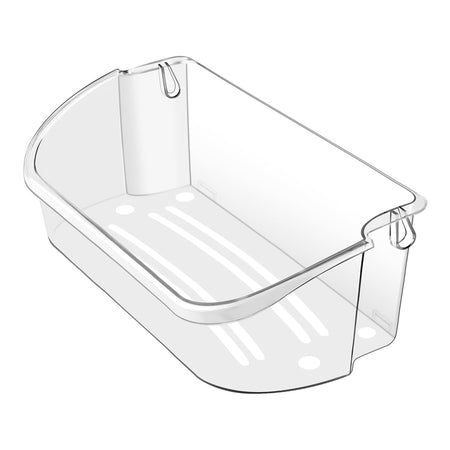 240356402 Refrigerator Door Shelf Bin, clear bin shown from an angled front view