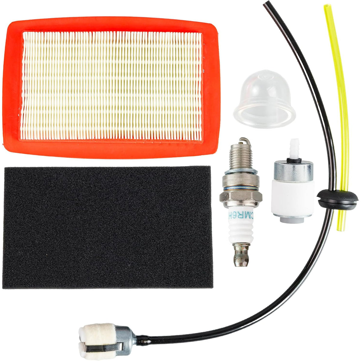 580BTS Air Filter Fuel Line Kit showing air filters, spark plug, primer bulb, fuel filter, and fuel lines