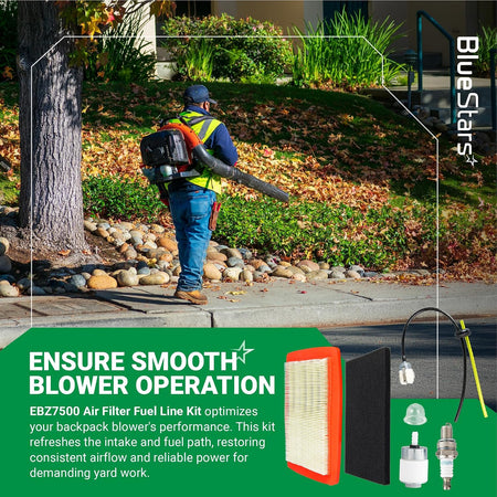 580BTS Air Filter Fuel Line Kit promotional graphic showing a blower operator and kit components, including filter, fuel filt