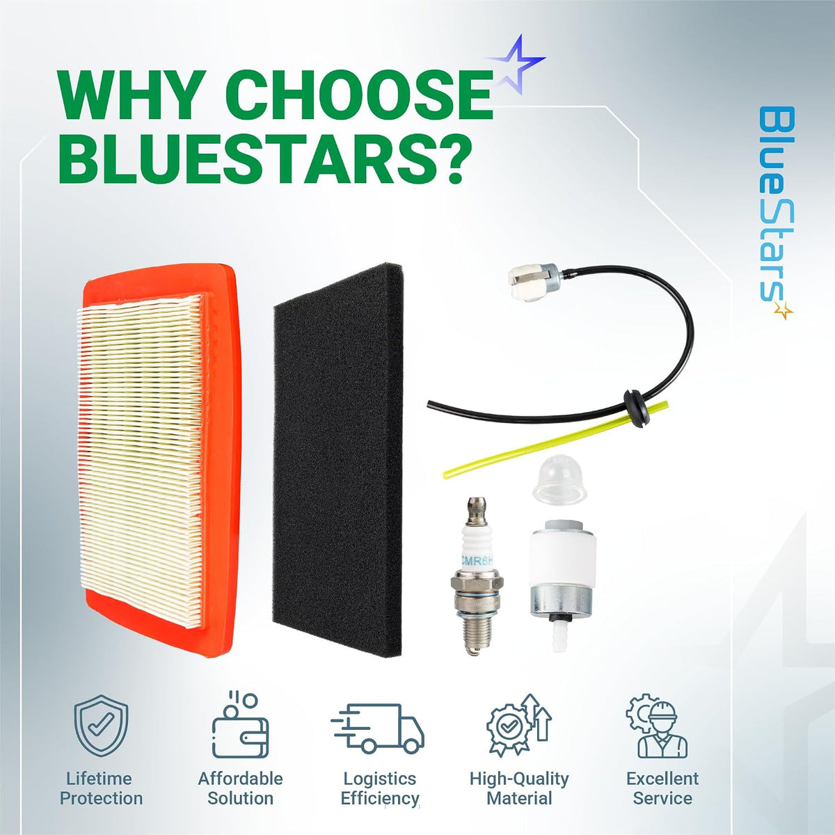 580BTS Air Filter Fuel Line Kit, promotional graphic showing air filters, fuel line, spark plug and fuel filter