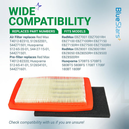 580BTS Air Filter Fuel Line Kit, compatibility chart beside a red pleated air filter and black foam pre-filter