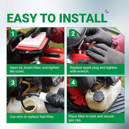 580BTS Air Filter Fuel Line Kit showing four-step installation instructions for the air filter, spark plug, and fuel filter