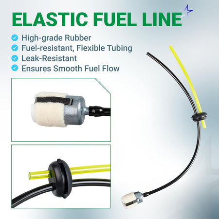 580BTS Air Filter Fuel Line Kit showing fuel-resistant tubing, grommet, and inline fuel filter close-ups