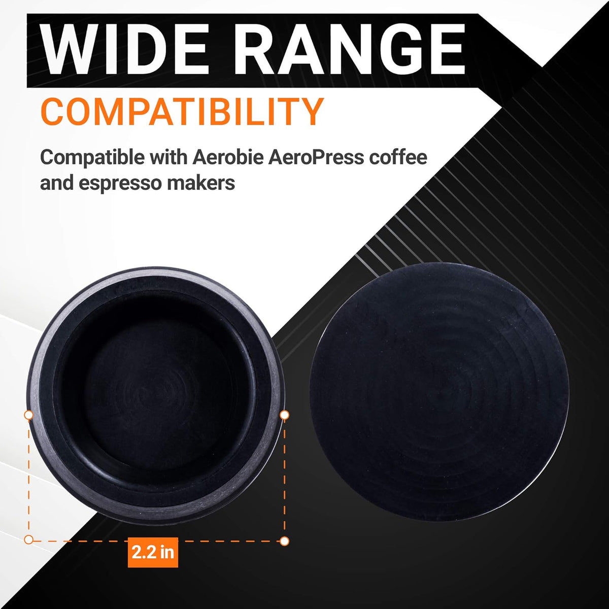 Two black rubber plunger gaskets for AeroPress coffee makers showing 2.2-inch diameter dimensions.
