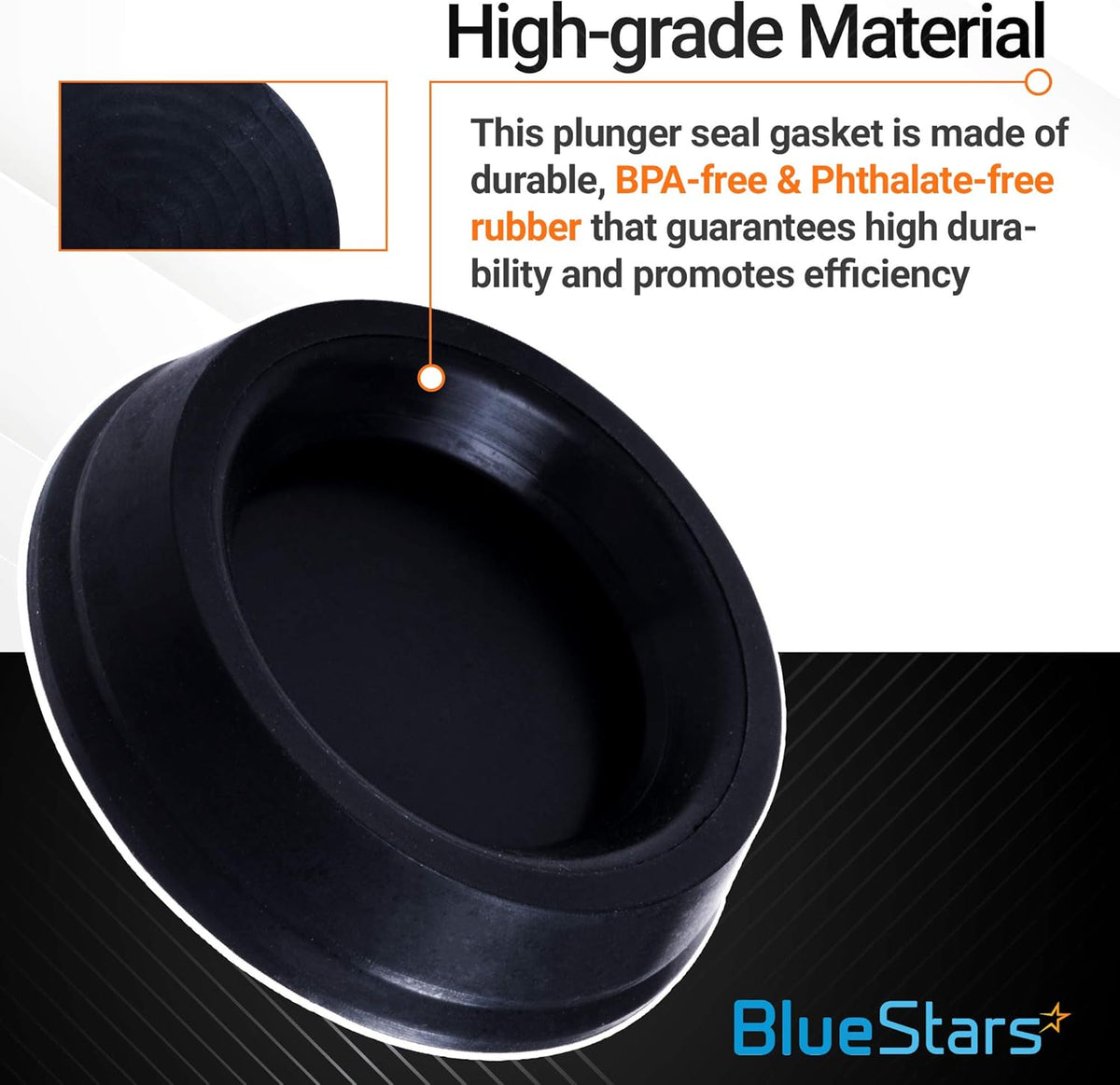 Single black rubber plunger gasket replacement for AeroPress coffee maker with high-grade material infographic.
