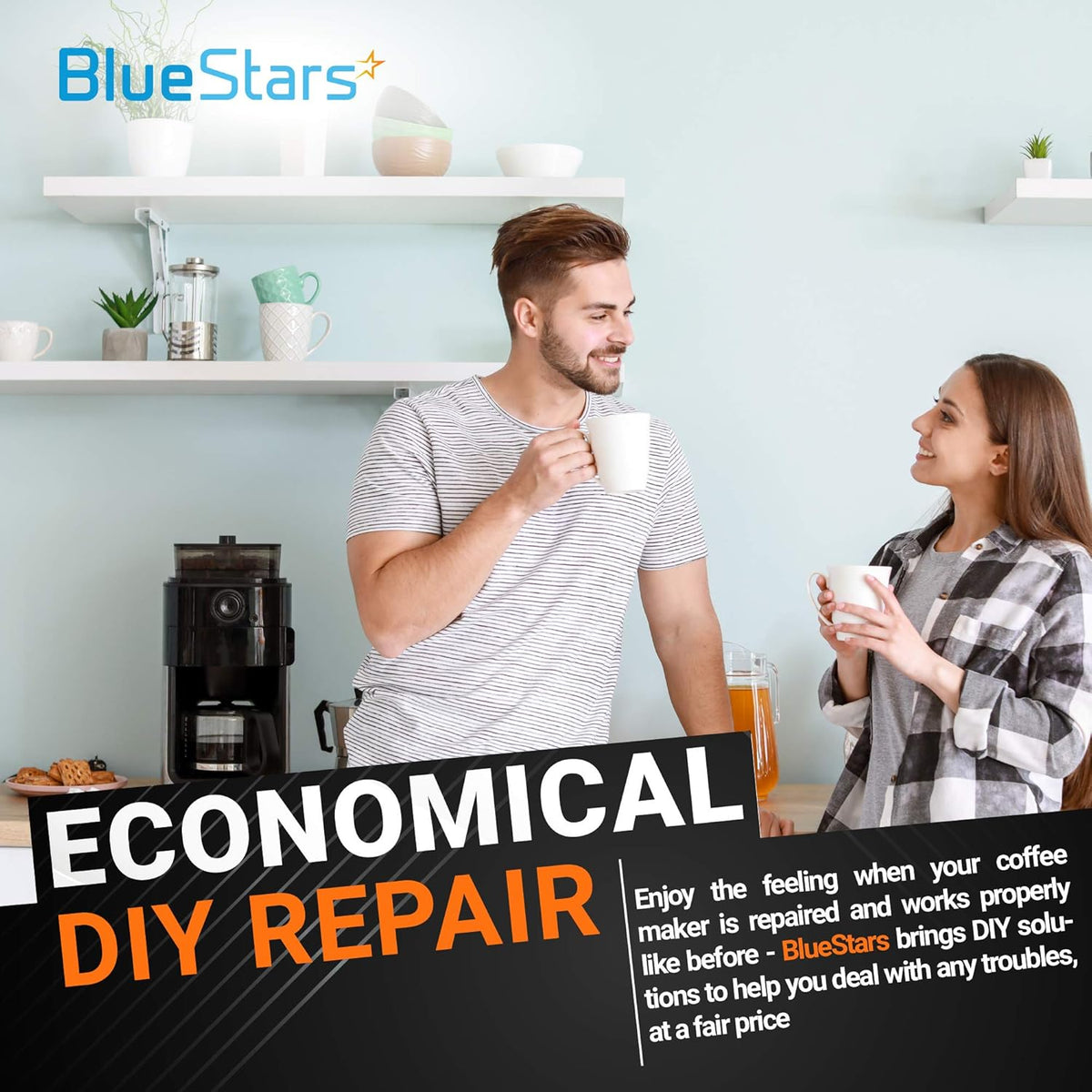 BlueStars promotional image for DIY coffee maker repair and replacement parts.
