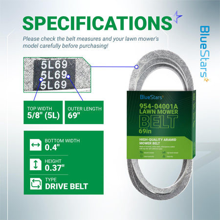 Specification chart for 954-04001A lawn mower drive belt showing dimensions, width, and length details.