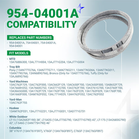 954-04001A lower drive belt compatibility chart for MTD, Troy-Bilt, and Yard Machines lawn mowers.