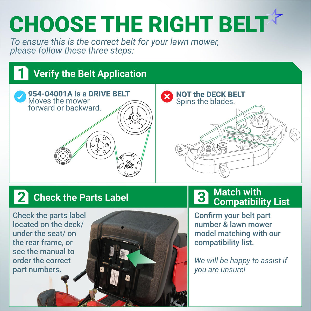 Instructional guide for identifying 954-04001A lawn mower drive belt application and compatibility.