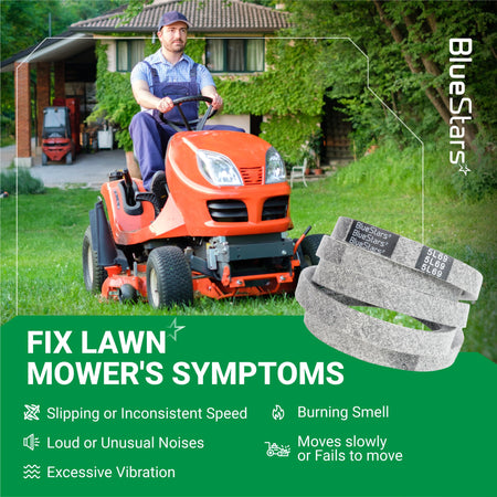 BlueStars 954-04001A lower drive belt for lawn mower tractors with symptom troubleshooting guide.