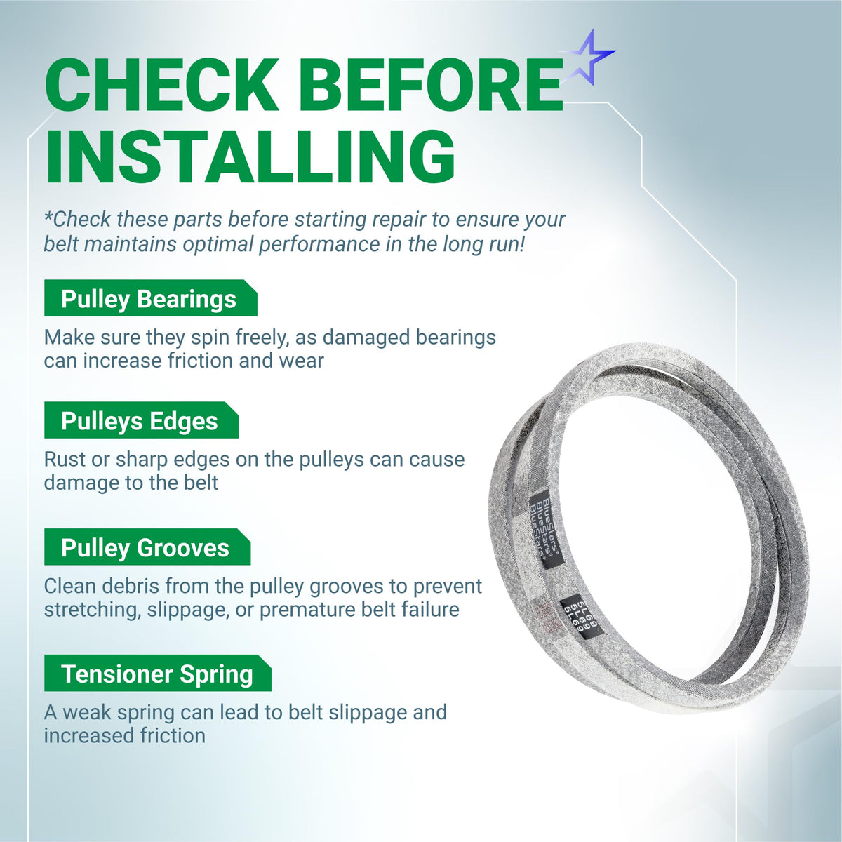 Informational graphic showing 954-04001A lower drive belt installation tips for lawn mower tractors.