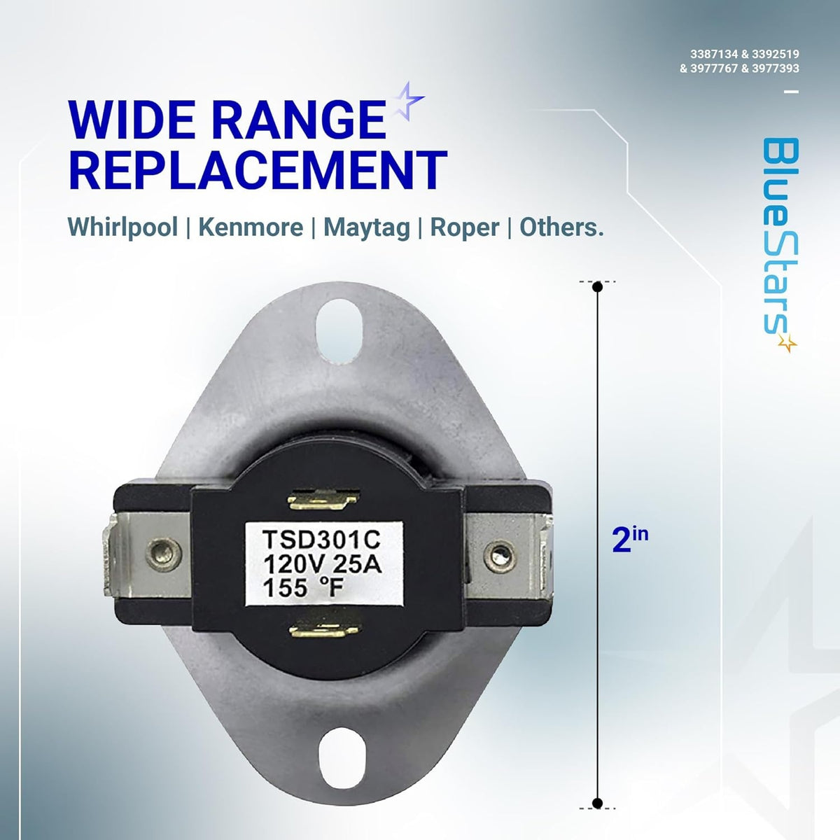 3387134 cycling thermostat replacement part for Whirlpool, Kenmore, and Maytag dryers with 2-inch measurement label.