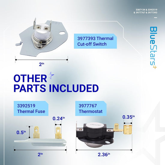 Diagram showing 3977393 thermal cut-off switch, 3392519 thermal fuse, and 3977767 high-limit thermostat with dimensions.