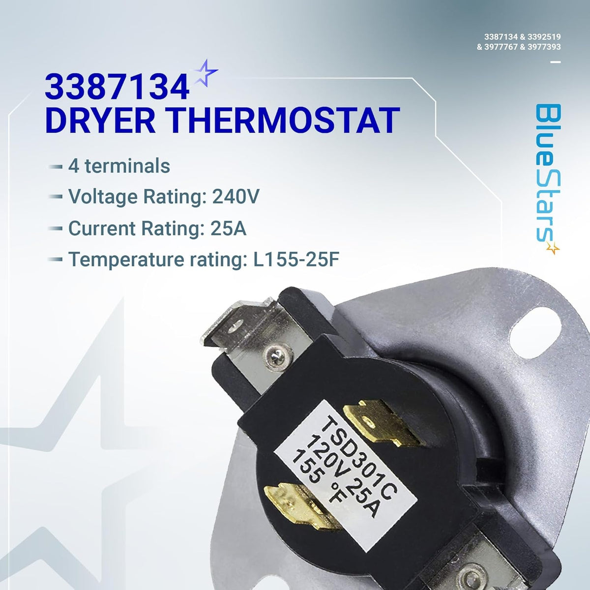 3387134 dryer cycling thermostat with 4 terminals and mounting bracket for Whirlpool, Kenmore, and Maytag dryers.